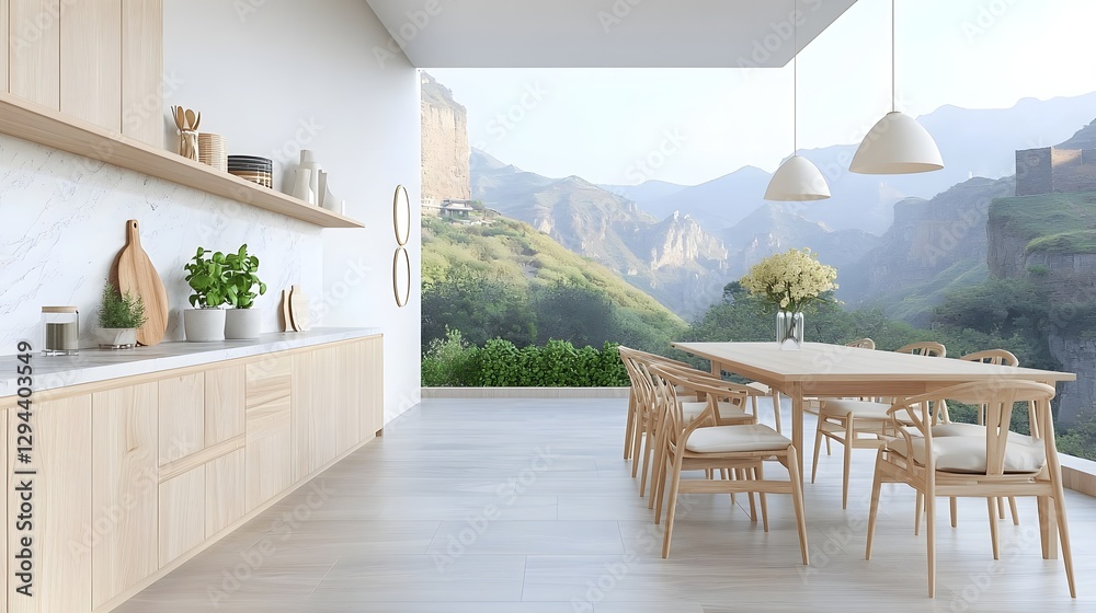 Minimalist modern kitchen seamlessly merging with a cozy dining area featuring light wood cabinetry marble countertops and pendant lighting for a luxurious yet comfortable ambiance