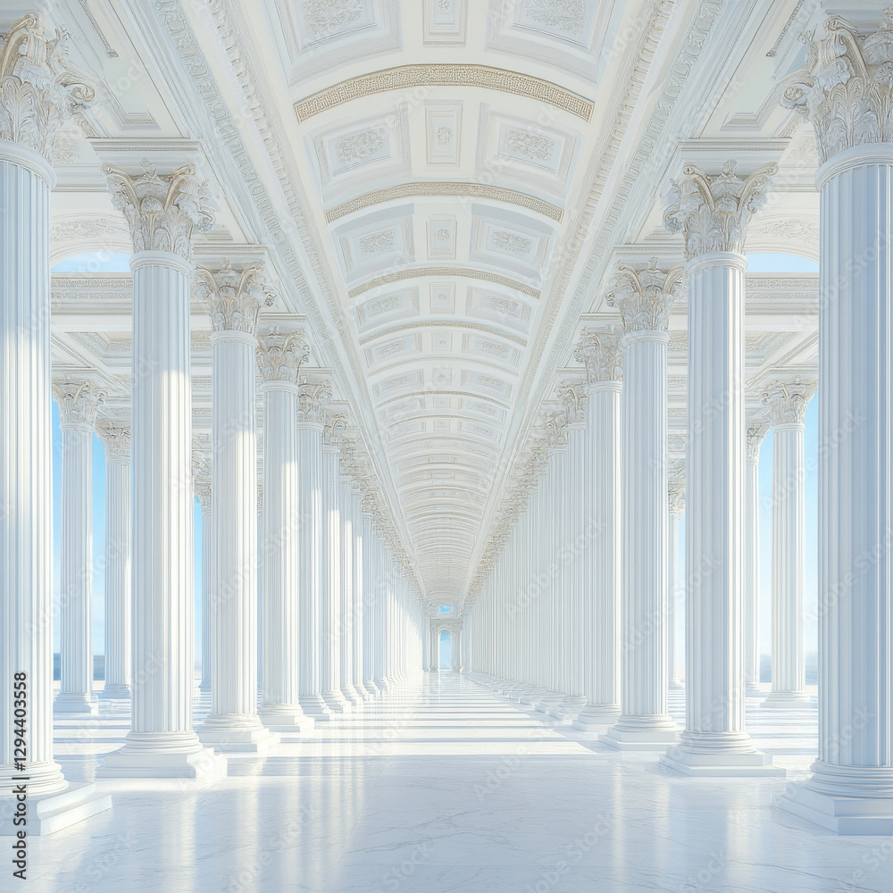 Fototapeta premium A monumental neoclassical government building with towering white columns, dramatic perspective shot, high-definition realism, ultra-detailed historic architecture. 