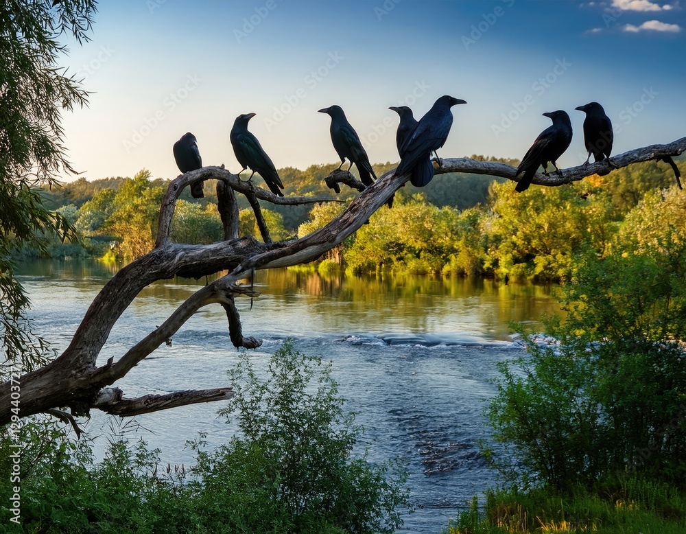 custom made wallpaper toronto digitalA group of black crows perches on a branch overlooking a flowing river in a lush summer landscape.. Generated with AI.