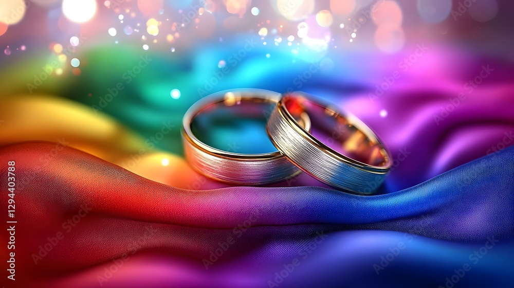 Minimalist yet Powerful Composition of Two Gold Bands on a Gracefully Draped Rainbow Flag Soft Golden Hues Blending with Bold Colors Representing Love Unity and Lifelong Commitment