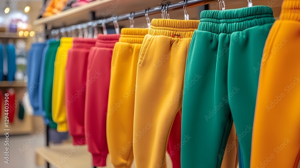 Neatly Arranged Sweatpants in a Variety of Colors from Neutral to Bright Displayed on Racks in a Stylish Clothing Store with Soft Cozy Lighting that Enhances the Minimalist Lifestyle Oriented Vibe