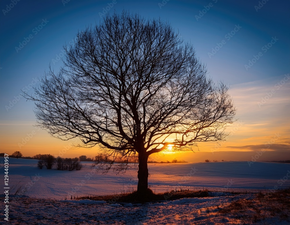 custom made wallpaper toronto digitalA leafless tree stands tall, its dark silhouette contrasting against a glowing sunset sky.. Generated with AI.