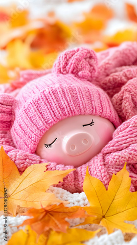 Cozy Piggy Bank Napping in Autumn Leaves