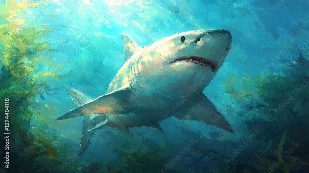 Majestic Shark Swimming Gracefully in Clear Blue Ocean Waters Majestic Shark Swimming Gracefully in Clear Blue Ocean Waters