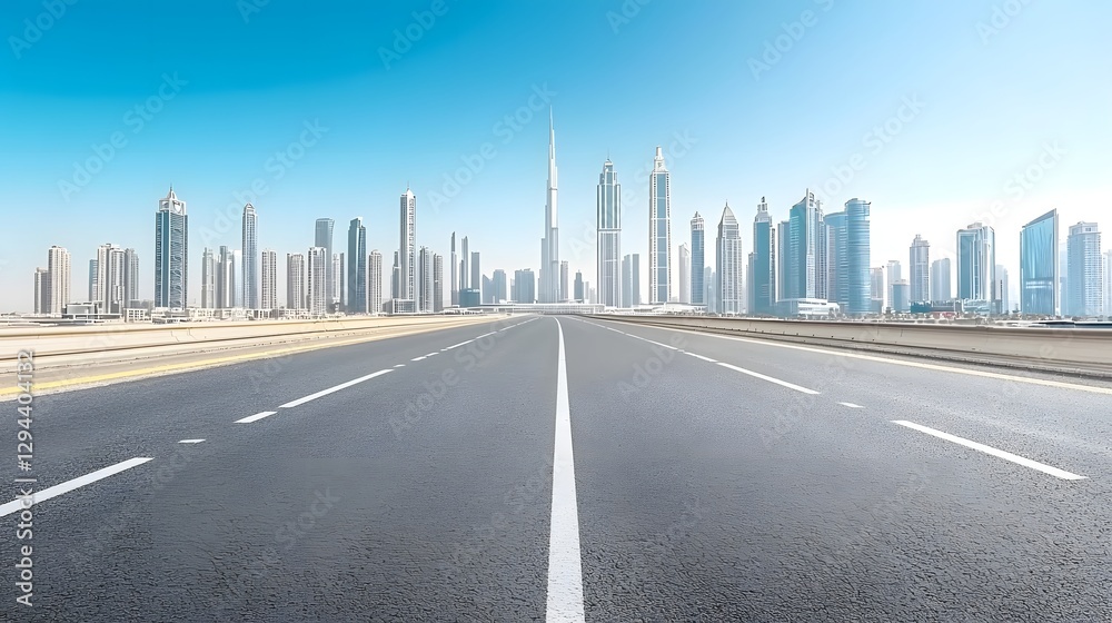 Perspective view of a deserted asphalt road stretching towards a modern city skyline sleek skyscrapers rising in the background