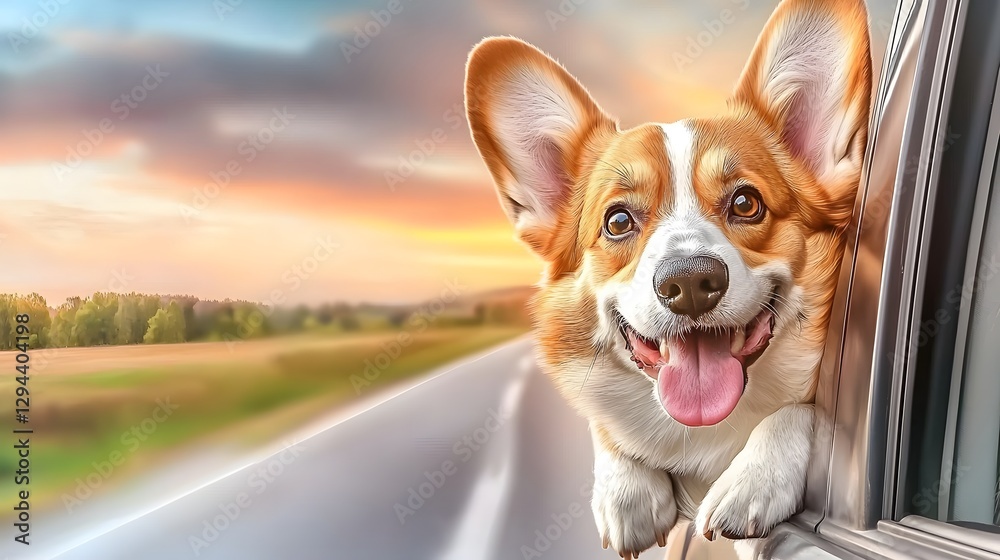 Playful and energetic Corgi puppy with bright eyes and a big smile happily leaning out of a moving car window with a scenic rural landscape stretching in the distance and the wind ruffling its fur