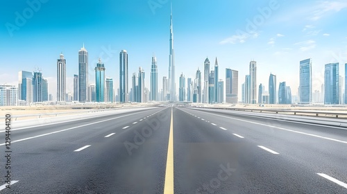 Obraz na płótnie Perspective view of a deserted asphalt road pointing towards a modern city skyline sleek skyscrapers rising in the background capturing the essence of progress and future potential for a thriving w salonie
