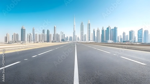 Obraz na płótnie Perspective view of a deserted asphalt road stretching towards a modern city skyline sleek skyscrapers rising in the background w salonie