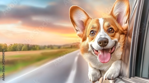 Obraz na płótnie Playful and energetic Corgi puppy with bright eyes and a big smile happily leaning out of a moving car window with a scenic rural landscape stretching in the distance and the wind ruffling its fur w salonie