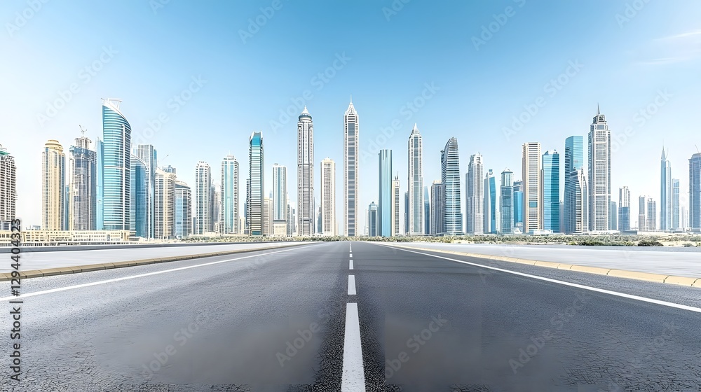 Perspective View of a Modern City Skyline with Sleek Skyscrapers and Deserted Asphalt Road Capturing the Essence of Progress and Future Potential