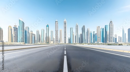 Obraz na płótnie Perspective View of a Modern City Skyline with Sleek Skyscrapers and Deserted Asphalt Road Capturing the Essence of Progress and Future Potential w salonie