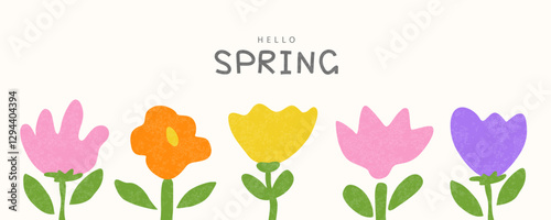 Hello spring, banner with hand drawn spring flowers. Poster or card for spring holiday. Hand drawn floral template for seasonal greetings, web banner, advertisement. Vector illustration in simple flat