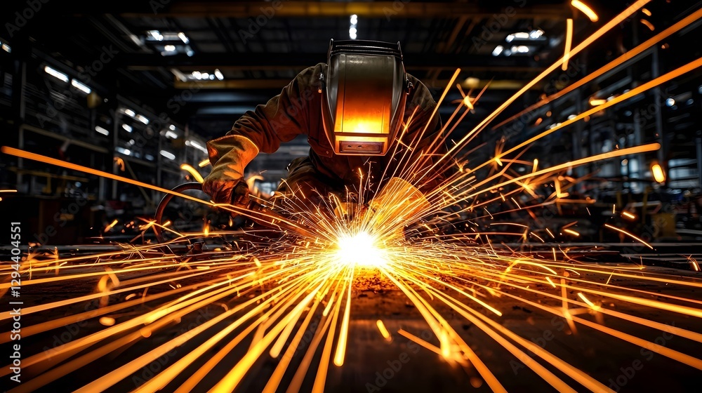 Powerful image capturing a master welder s fiery precision at work in a rugged shipyard environment with golden sparks cascading in an arc against a bold black backdrop