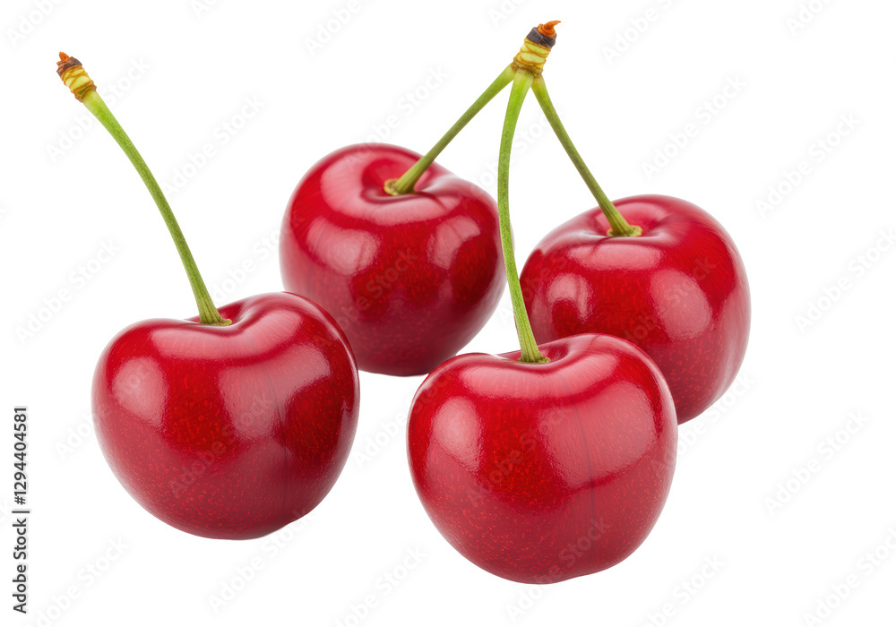Isolated Four Ripe Cherries on Stems, Close-Up Isolated Four Ripe Cherries on Stems, Close-Up