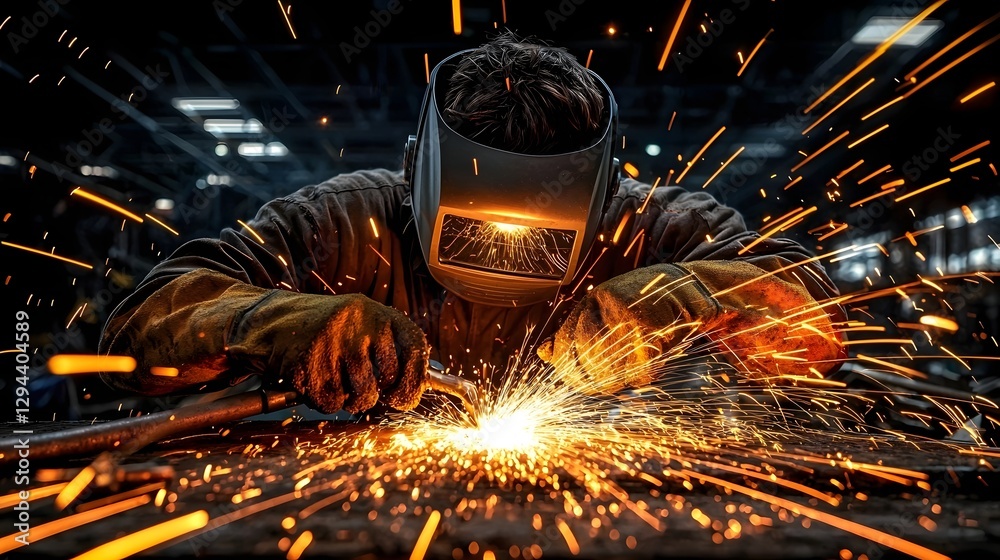 Powerful image of a master welder in action golden sparks cascading in an arc focused precision in a rugged shipyard environment bold contrast with a black backdrop