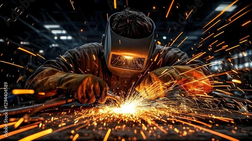 Obraz na płótnie Powerful image of a master welder in action golden sparks cascading in an arc focused precision in a rugged shipyard environment bold contrast with a black backdrop w salonie