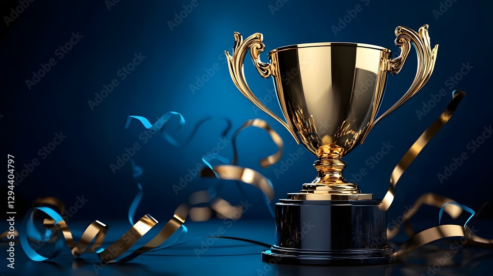 Prestigious golden trophy cup with floating streamers symbolizing a luxurious award or championship victory This 3D showcases the glamour and prestige of a prestigious achievement or accomplishment
