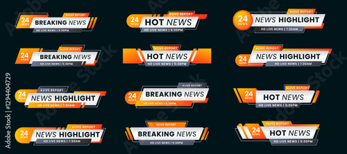 Set of breaking news lower third bar banner design. Tv header bars for news, sports, and live broadcast information. Professional video title templates for broadcast and media vector set collection