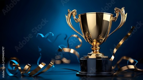 Obraz na płótnie Prestigious golden trophy cup with floating streamers symbolizing a luxurious award or championship victory This 3D showcases the glamour and prestige of a prestigious achievement or accomplishment w salonie