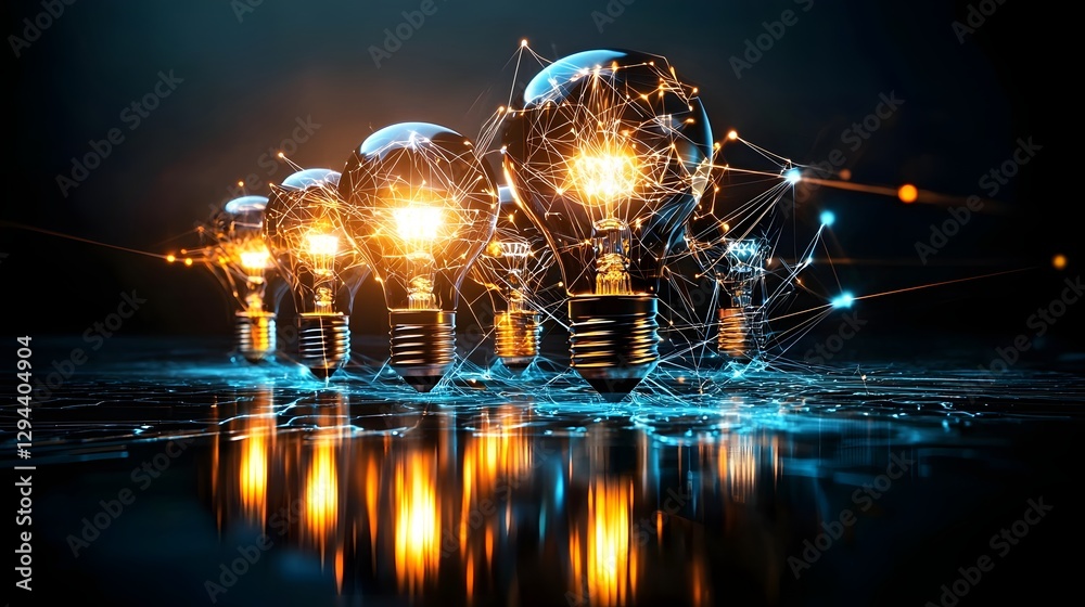 Radiant Brilliance of Modern Innovation and Digital Evolution Multiple light bulbs shining with intense brilliance electric currents and glowing lines connecting them