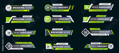 Breaking news lower third banner set. TV header bars for news, sports, and live broadcast vector set collection. Essential video titles in green gradient modern color. Isolated lower third template
