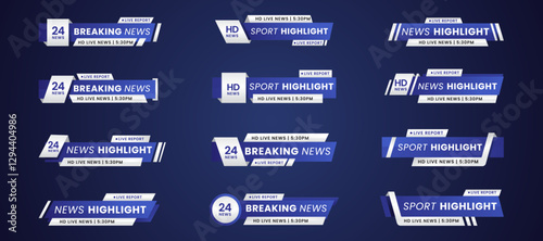 Breaking news lower third banner set. TV header bars for news, sports, and live broadcast vector set collection. Essential video titles in blue gradient modern color. Isolated lower third template