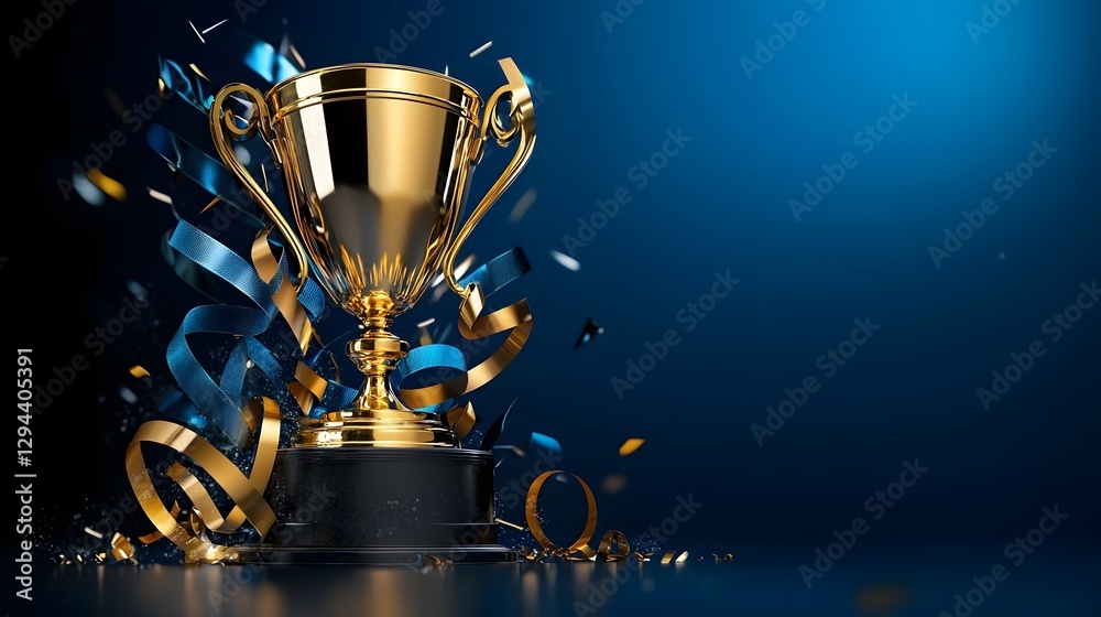 Shiny Golden Trophy with Decorative Elements on Pedestal in Deep Blue Setting 3D of Prestigious Award and Triumph