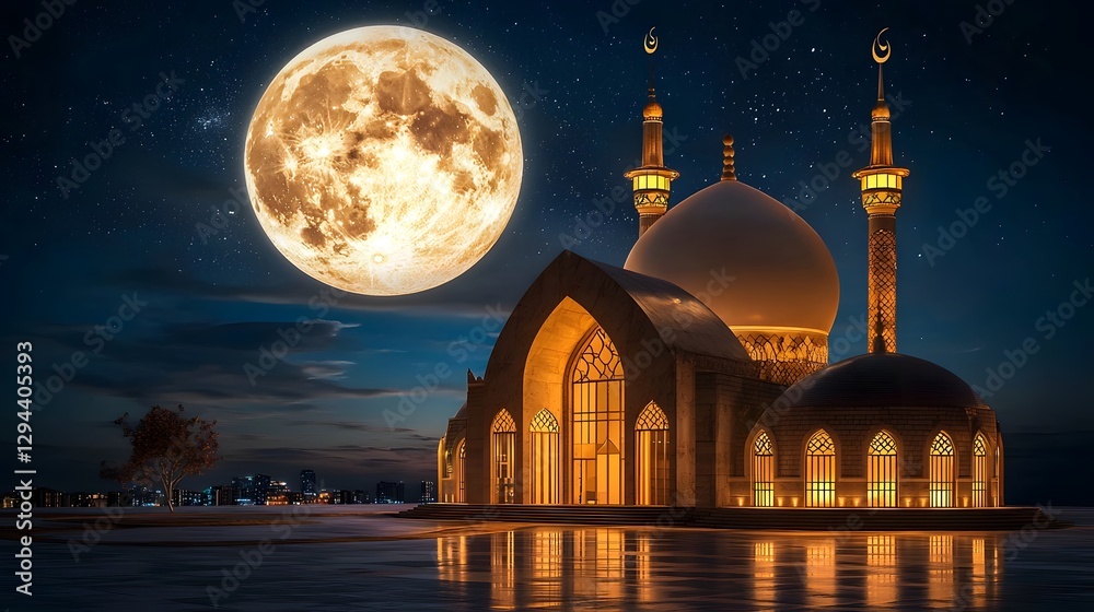 Silhouetted Islamic mosque with domes and minarets standing against a radiant full moon in a serene starry night sky creating a peaceful spiritual atmosphere of tranquility and reverence