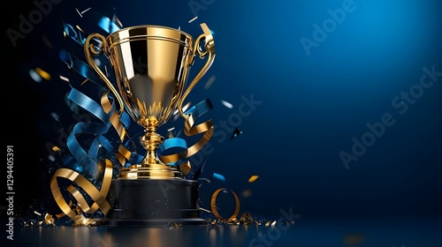 Obraz na płótnie Shiny Golden Trophy with Decorative Elements on Pedestal in Deep Blue Setting 3D of Prestigious Award and Triumph w salonie