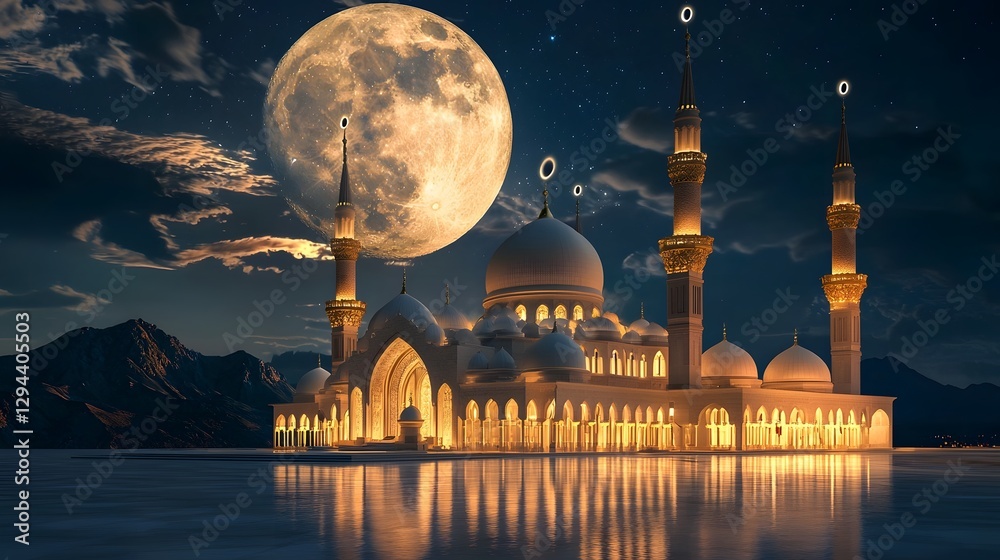 Silhouetted Mosque Standing Majestically Against a Radiant Full Moon Warm Lights Shining From Its Windows and a Starry Night Sky Creating a Tranquil Spiritual Atmosphere