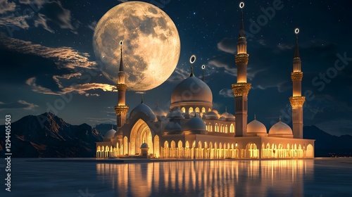Obraz na płótnie Silhouetted Mosque Standing Majestically Against a Radiant Full Moon Warm Lights Shining From Its Windows and a Starry Night Sky Creating a Tranquil Spiritual Atmosphere w salonie