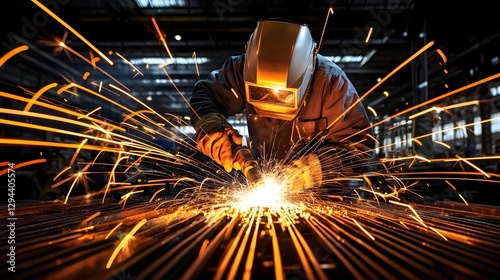 Obraz na płótnie Skilled welder intensely focused on precision metal fabrication creating bright golden streaks of sparks against a dark industrial shipyard background Showcasing the expertise care w salonie