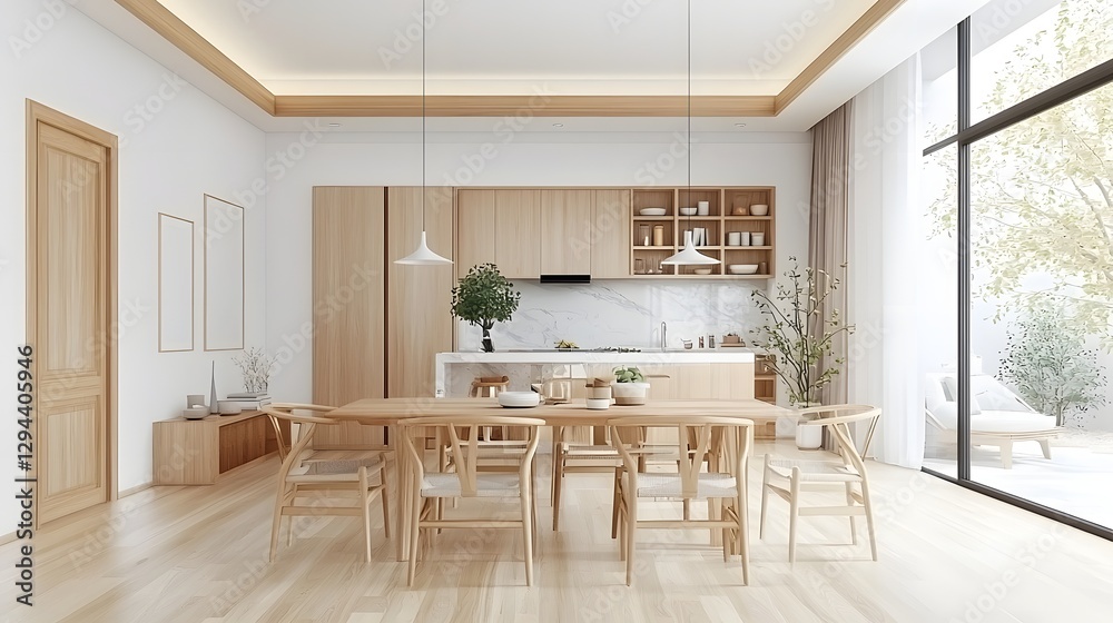 Spacious and airy open plan dining room and kitchen featuring elegant wooden and marble furnishings sleek modern design and soft natural lighting creating a warm and inviting ambiance