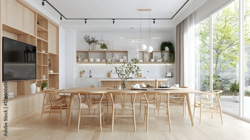 Spacious open plan dining room and kitchen with white walls and ceiling elegant parquet floors sleek wooden and marble furniture and soft natural lighting creating a warm and inviting ambiance