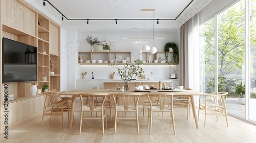 Obraz na płótnie Spacious open plan dining room and kitchen with white walls and ceiling elegant parquet floors sleek wooden and marble furniture and soft natural lighting creating a warm and inviting ambiance w salonie