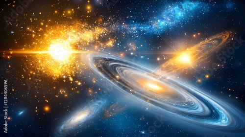 Obraz na płótnie Surreal Intergalactic Voyage Colorful swirling galaxies merging in a cosmic dance radiant stars casting beams of light across the infinite universe Ethereal dreamlike w salonie