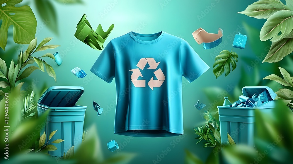 Sustainable fashion concept A recycled fabric teal t shirt with a prominent recycling logo suspended in mid air framed by lush green leaves and organized waste bins