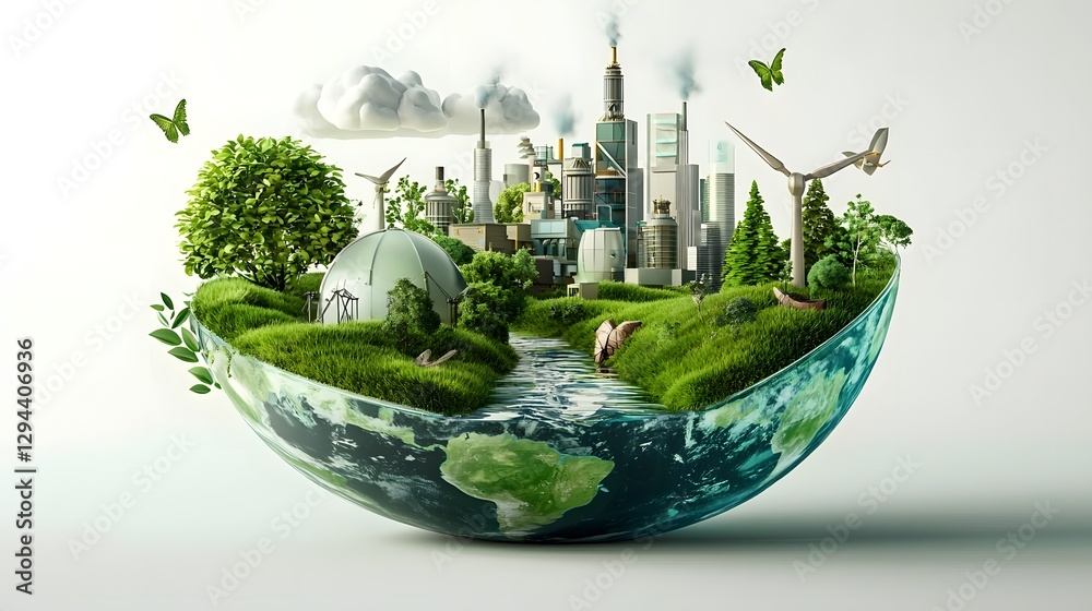 Sustainable Industrial Revolution A Futuristic 3D Depicting a Carbon Neutral Future with Clean Energy Infrastructure Eco Friendly Factories and a Thriving Green Cityscape