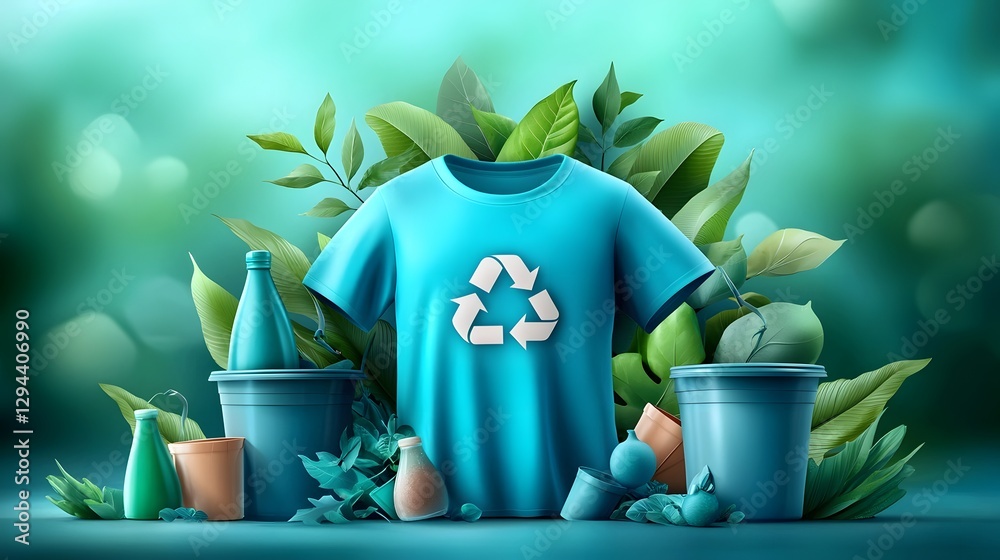 Sustainable Teal Shirt with Prominent Recycling Icon Surrounded by Soft Lighting and Lush Green Leaves Emphasizing Environmental Responsibility and Eco Friendly Lifestyle