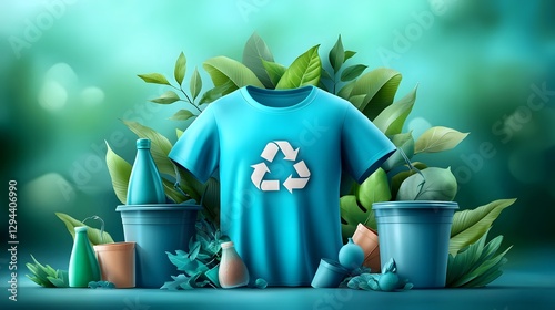 Obraz na płótnie Sustainable Teal Shirt with Prominent Recycling Icon Surrounded by Soft Lighting and Lush Green Leaves Emphasizing Environmental Responsibility and Eco Friendly Lifestyle w salonie