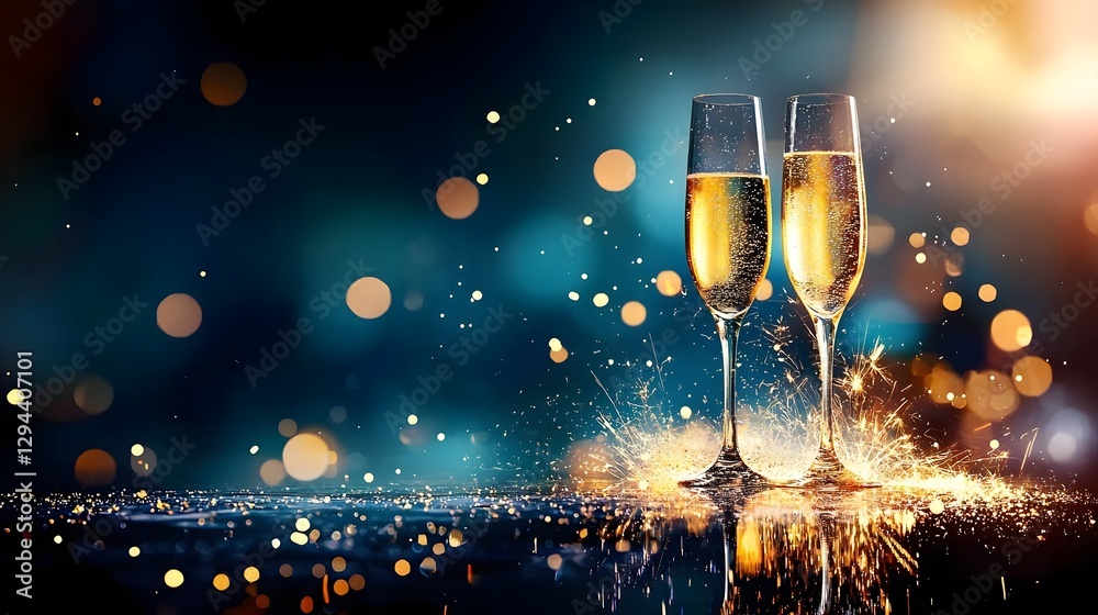Two champagne flutes stand elegantly against a blurred glowing backdrop with a double exposure effect merging golden sparkles and delicate reflections for a stylish party atmosphere