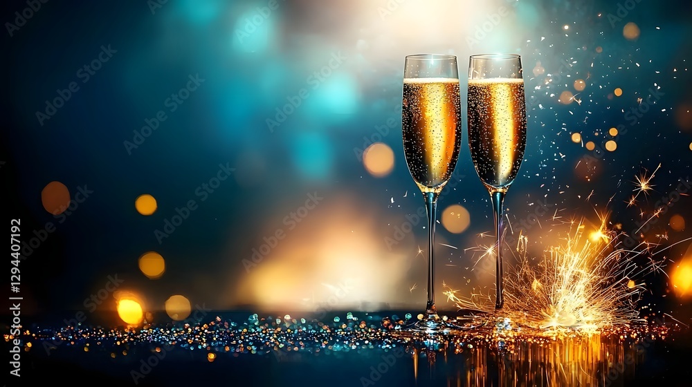 Two elegant champagne glasses standing against a blurred glowing backdrop with a double exposure effect merging golden sparkles and delicate reflections creating a stylish festive party atmosphere