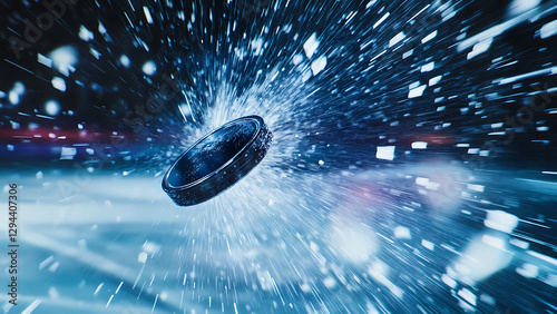 Flying hockey puck in motion with ice spray on rink