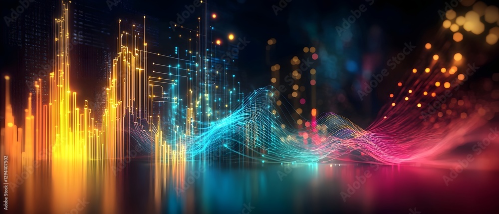 Vibrant high tech abstract backdrop featuring glowing circuit patterns pulsating energy flows and dynamic geometric shapes representing advanced digital storage and computing processes