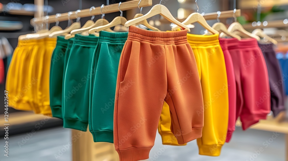 Vibrant Sweatpants in a Spectrum of Colors Elegantly Arranged on Wooden Hangers Showcasing the Soft Fabric Details in a Well Lit Contemporary Boutique Interior