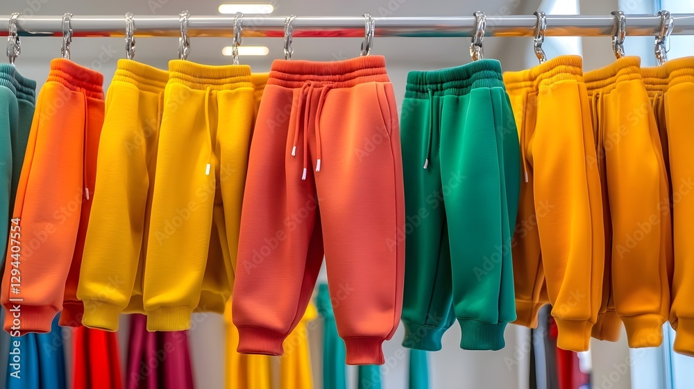 Vibrant Sweatpants of Various Colors and Textures Neatly Arranged on a Sleek Minimalist Clothing Rack against a Pristine White Background