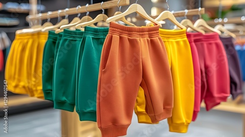 Obraz na płótnie Vibrant Sweatpants in a Spectrum of Colors Elegantly Arranged on Wooden Hangers Showcasing the Soft Fabric Details in a Well Lit Contemporary Boutique Interior w salonie
