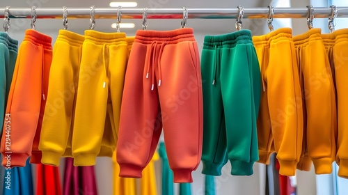 Obraz na płótnie Vibrant Sweatpants of Various Colors and Textures Neatly Arranged on a Sleek Minimalist Clothing Rack against a Pristine White Background w salonie