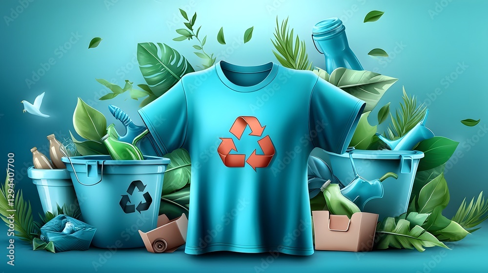 Vibrant teal shirt with a prominent recycling icon surrounded by soft green leaves and recycling containers emphasizing the importance of environmental responsibility and sustainable living