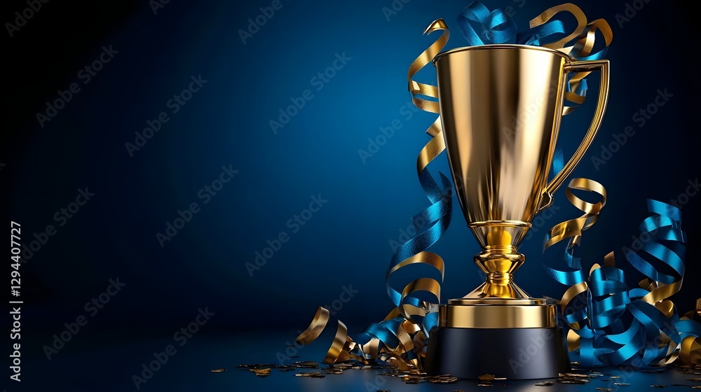 Victorious golden trophy cup with shiny metallic finish surrounded by colorful confetti and celebratory streamers symbolizing corporate achievement success and